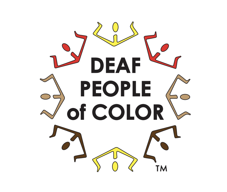 National Deaf People of Color logo: twelve signing figures in red, gold, tan, and brown arranged in a circle around the words Deaf People of Color.